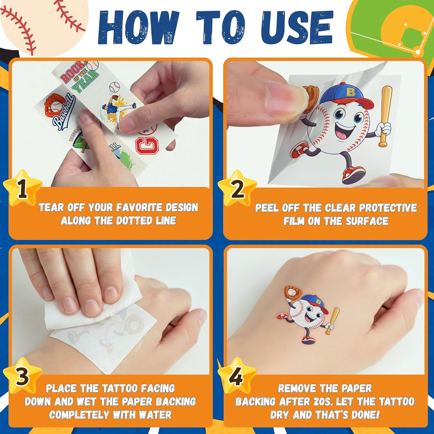 96PCS Baseball Temporary Tattoos Stickers - Baseball Birthday Party Favors Sport Themed Birthday Party Decorations Accessories Supplies Gift Idea For Kids Teens Teamate Adult Classroom Prizes Rewards