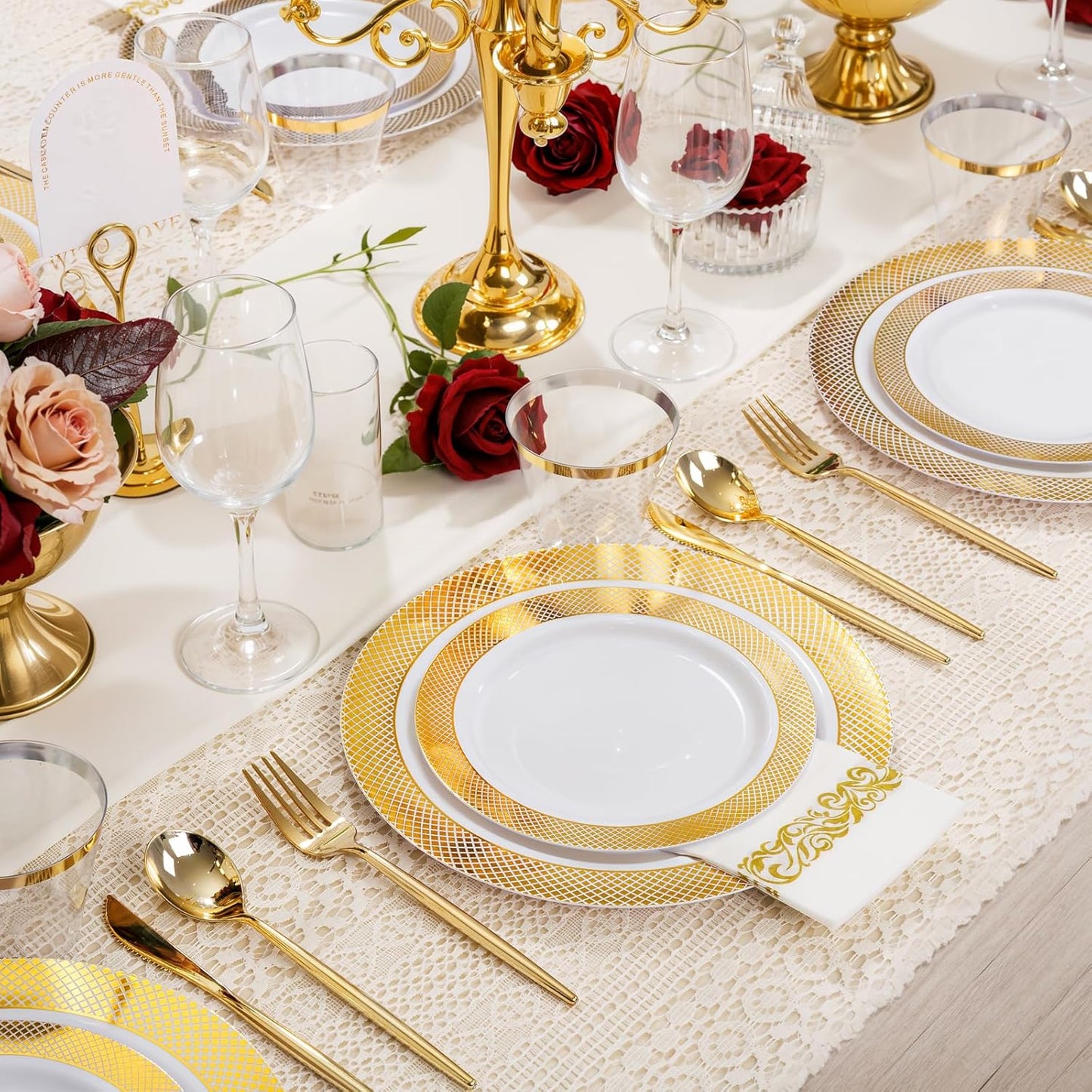 I00000 102 Pieces Gold Plastic Plates, Disposable Party Plates White Gold Rim, 51 Disposable Gold Dinner Plates 10.25 Inch and 51 Disposable Dessert Appetizer Elegant Fancy Wedding Plates 7.5 Inch