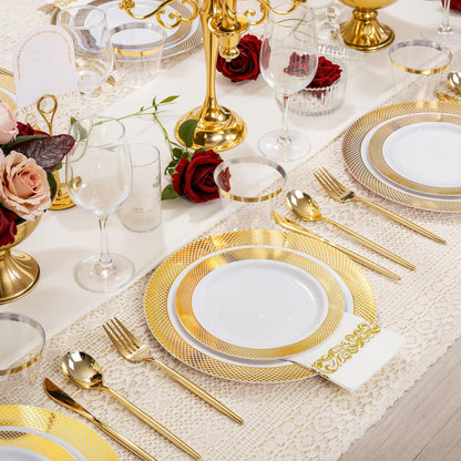 I00000 102 Pieces Gold Plastic Plates, Disposable Party Plates White Gold Rim, 51 Disposable Gold Dinner Plates 10.25 Inch and 51 Disposable Dessert Appetizer Elegant Fancy Wedding Plates 7.5 Inch