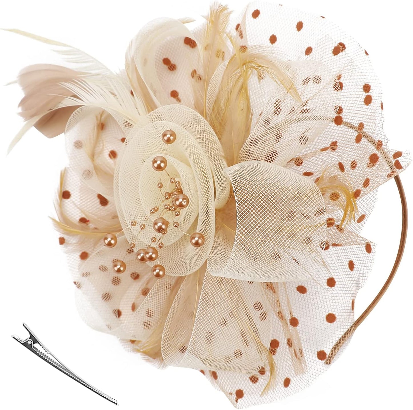 DRESHOW Fascinators Hat Flower Mesh Ribbons Feathers on a Headband and a Clip Tea Party Headwear for Girls and Women - Colors A