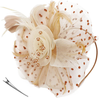 DRESHOW Fascinators Hat Flower Mesh Ribbons Feathers on a Headband and a Clip Tea Party Headwear for Girls and Women - Colors A