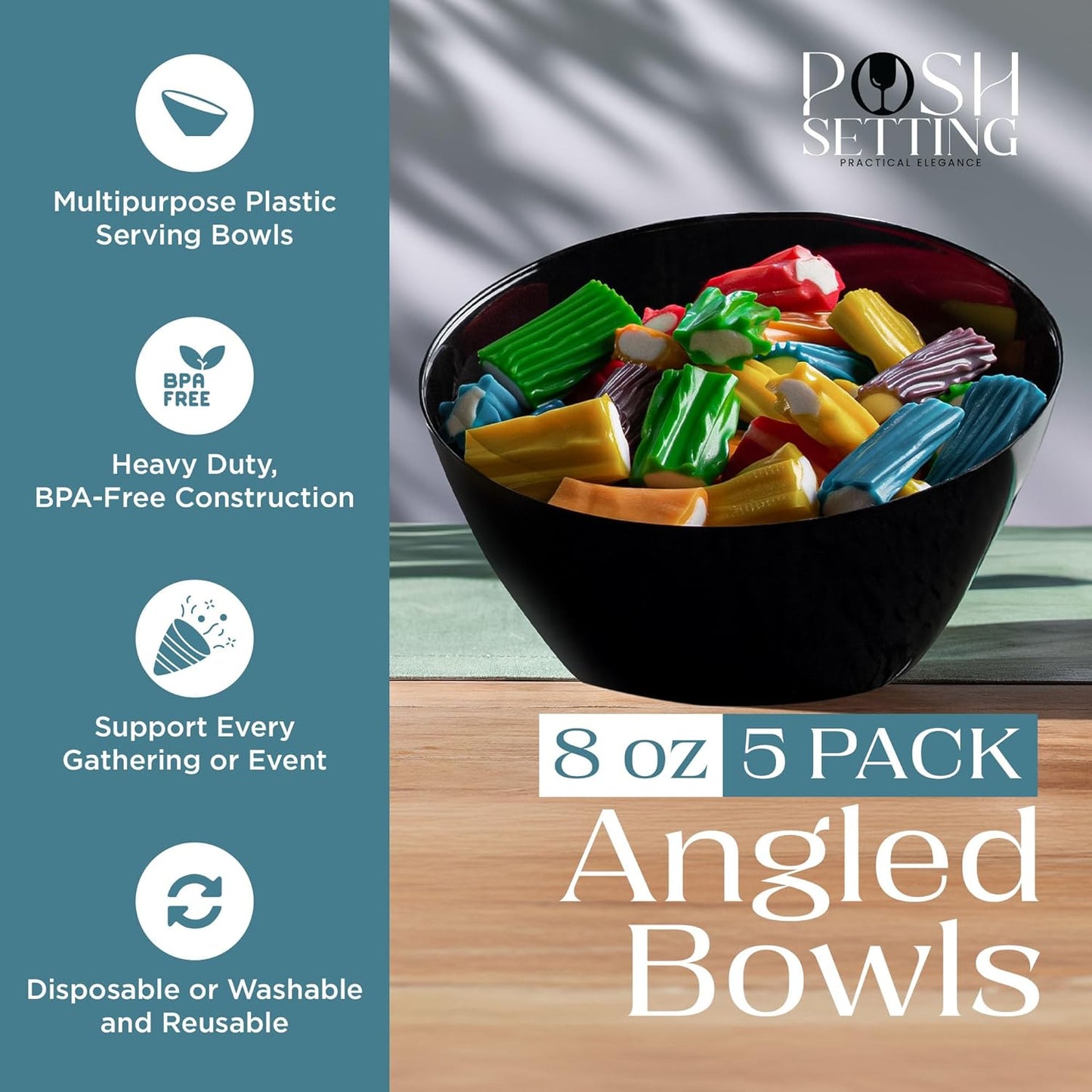 Posh Setting Crystal Clear, Disposable Premium Hard Plastic Medium Angled Bowl, Party, Salad, Snack and Fruit Bowl 5 Pack