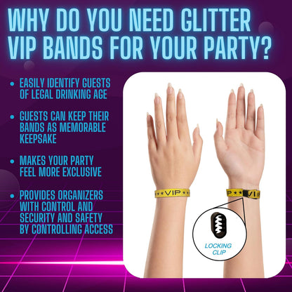 100 Pack Glitter Gold VIP Party Wristbands with Secure Locking Clip. Must Have Adjustable Sparkle VIP Wrist Bands for Events, Parties, Weddings and Festivals