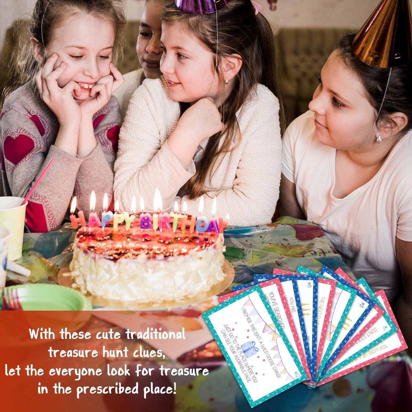Birthday Treasure Hunt Clue Cards, Cake Scavenger Hunt Game, Set of 19 Cards and 18 Envelopes, Indoor Ourdoor Birthday Party Activities Celebration Game, Birthday Party Decorations - SR7