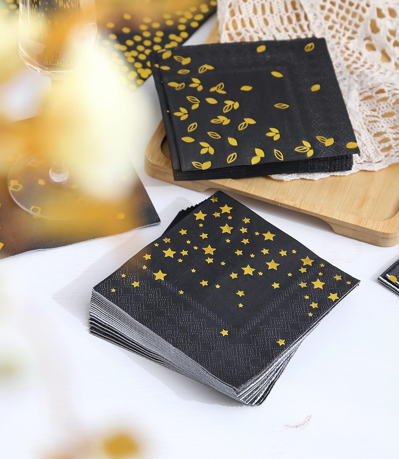 100 PK Gold Napkins - 4 Assorted Designs - 3-Ply Cocktail Napkins Folded 5 x 5 Inches Bar Napkins Disposable Party Napkins Paper Napkins Dinner for Wedding Baby Shower Birthday Graduation 2023