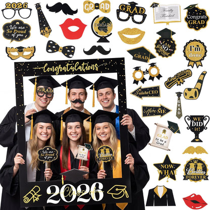 Tinlade 33 x 25 Inch Graduation Photo Booth Props - Large Graduation Photo Prop Frame with 30 Pcs Grad Selfie Photos Booth Props for Class of 2026 Congrats Grad Party Supplies for College High School