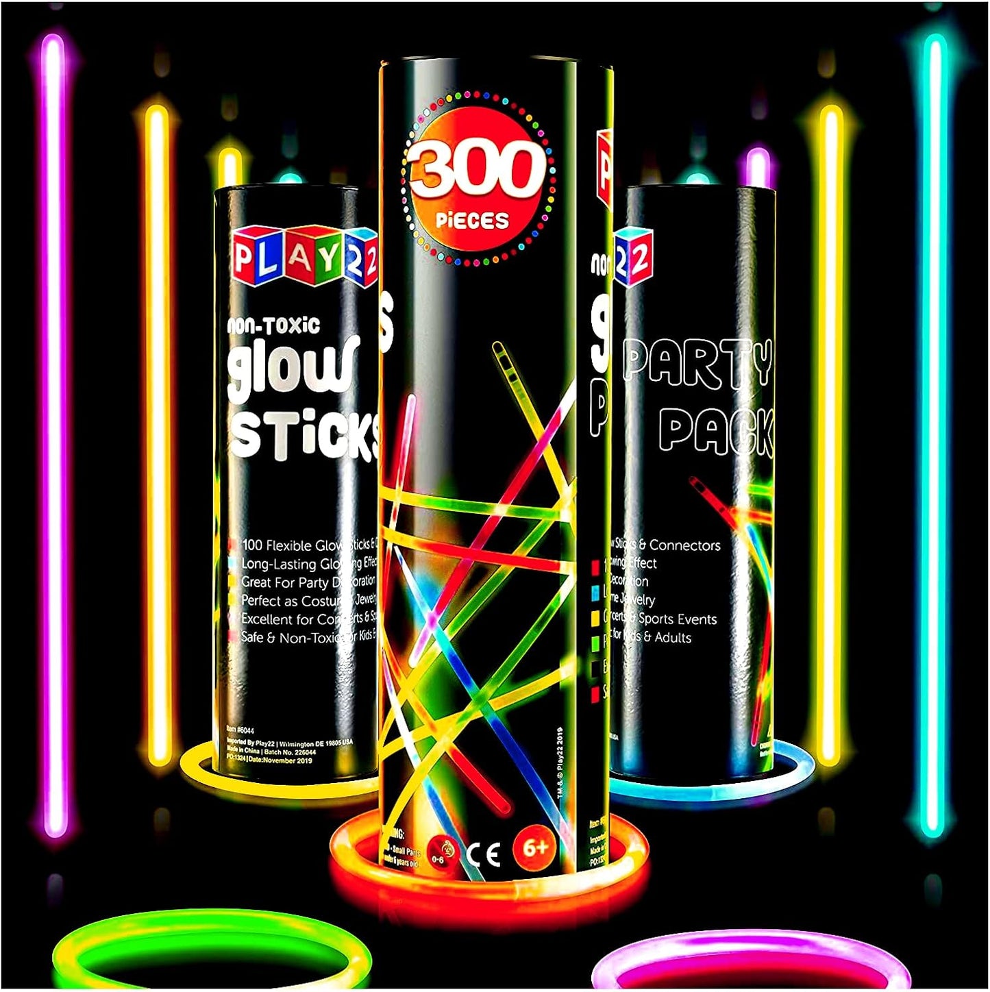 Play22 100pk Ultra Bright Glow Sticks Bulk Party Favors - 8" Premium Glow in the Dark Party Supplies, Neon, Easter, Halloween Party Decorations Glow Necklaces and Bracelets for Kids or Adults