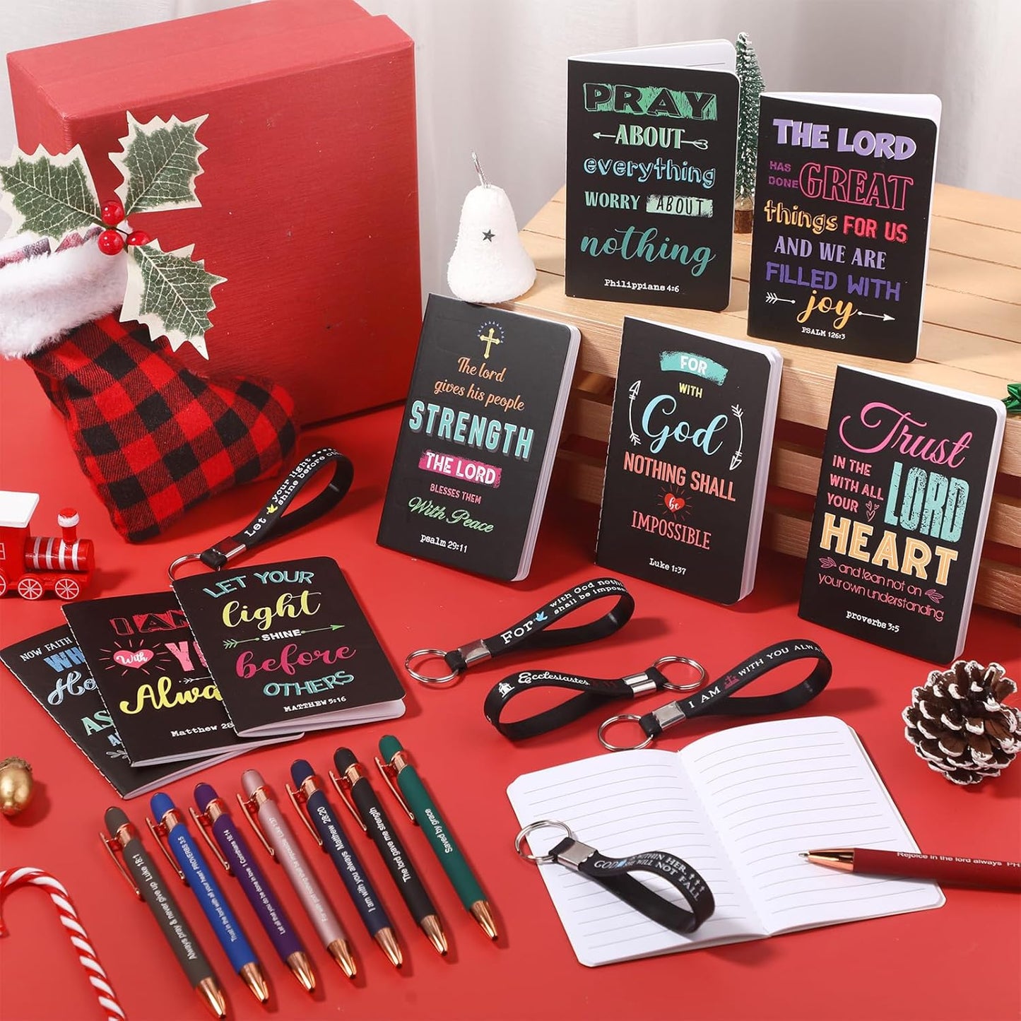 PerKoop 48 Pcs Inspirational Gifts Bulk Motivational Notepads Ballpoint Pens Keychains Set Modern Farmhouse Journal Notebooks Christian Gifts for Teachers School Office Party Favor Supplies