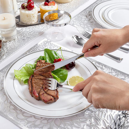 350 Pieces Black and Gold Plastic Plates with Disposable Silverware, Include 50 Dinner Plates 9”, 50 Dessert Plates 6.3”, 50 Black Cups 9 OZ, 50 Pre Rolled Napkins for Wedding Party Graduation