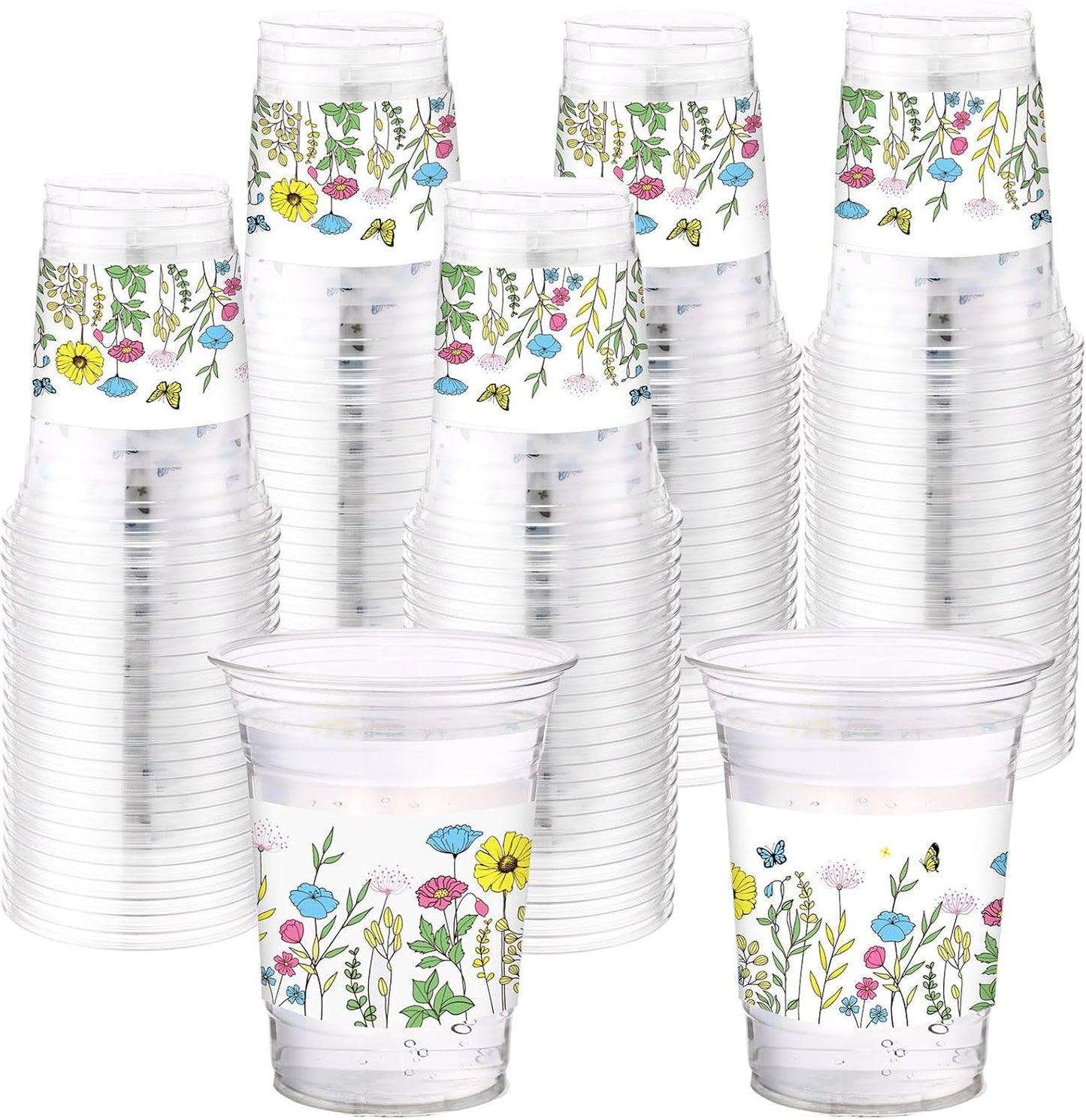 Hushee 60 Pcs Purple Floral Cups with Spring Summer Flower 16 oz Wildflowers Plastic Disposable Drinking Cups for Summer Spring Birthday Baby Shower Wedding Party Supplies