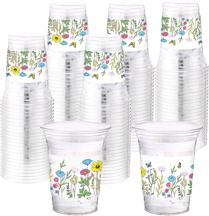 Hushee 60 Pcs Purple Floral Cups with Spring Summer Flower 16 oz Wildflowers Plastic Disposable Drinking Cups for Summer Spring Birthday Baby Shower Wedding Party Supplies