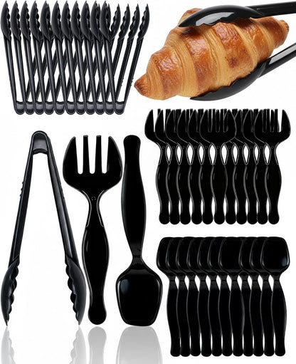 Disposable Black Plastic Spoons, Forks, Tongs | 12-Set (36 Pcs) Serving Utensils Set for Catering, Buffets, Parties, Events, Weddings, Picnics, Banquets, Daily Meals, Heavy-Duty Cutlery for Daily Use