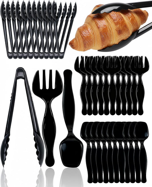 Disposable Black Plastic Spoons, Forks, Tongs | 12-Set (36 Pcs) Serving Utensils Set for Catering, Buffets, Parties, Events, Weddings, Picnics, Banquets, Daily Meals, Heavy-Duty Cutlery for Daily Use