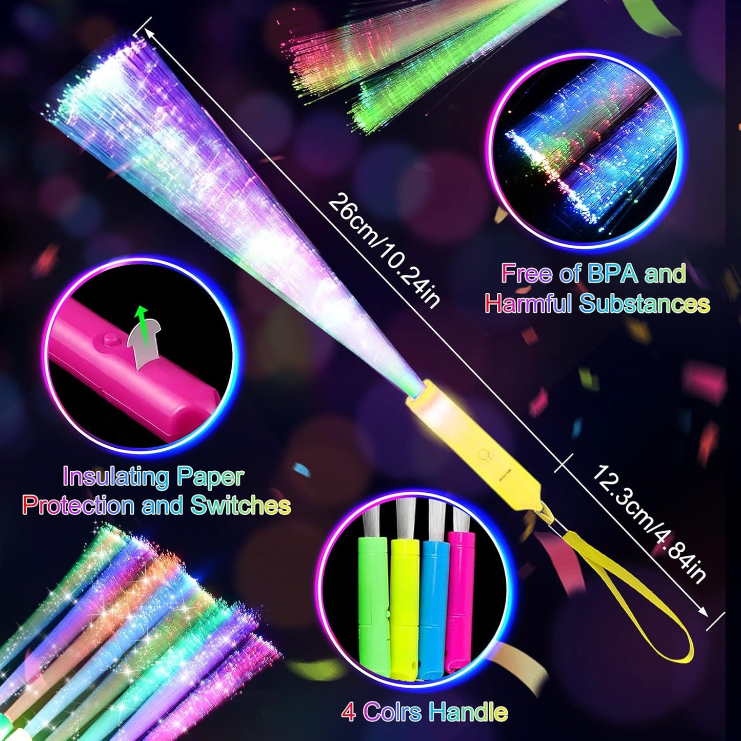 SHQDD 28 PCS Glow Fiber Wands Sticks, LED Light Wands, Glow in The Dark Party Supplies, Fiber Optic Wands, LED Flashing Sticks, Fiber Optic Light Wand Stick for July 4th Party, Wedding, Halloween