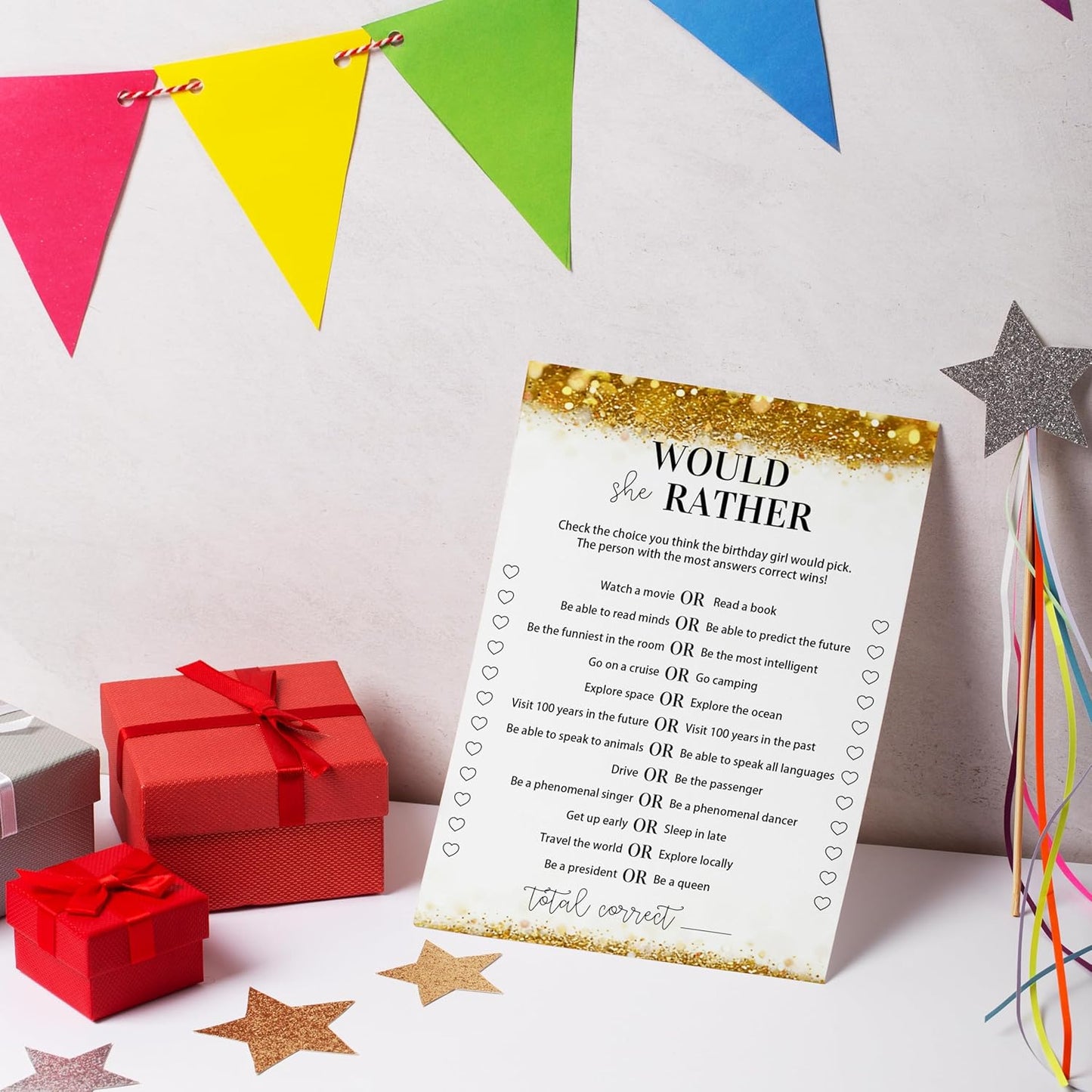 Gold Glitter Birthday Party Game Cards Set, Ever or Never, for Girl Birthdays Supplies, Activity Decorations Double Sided Set of 30 Pcs