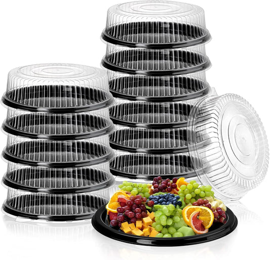 Frcctre 12 Pack 12 Inch Plastic Serving Tray with Lid, Disposable Plastic Food Serving Platters with Clear Dome Lids, Stackable Round Trays for Party, Takeout Food, Catering, Picnic