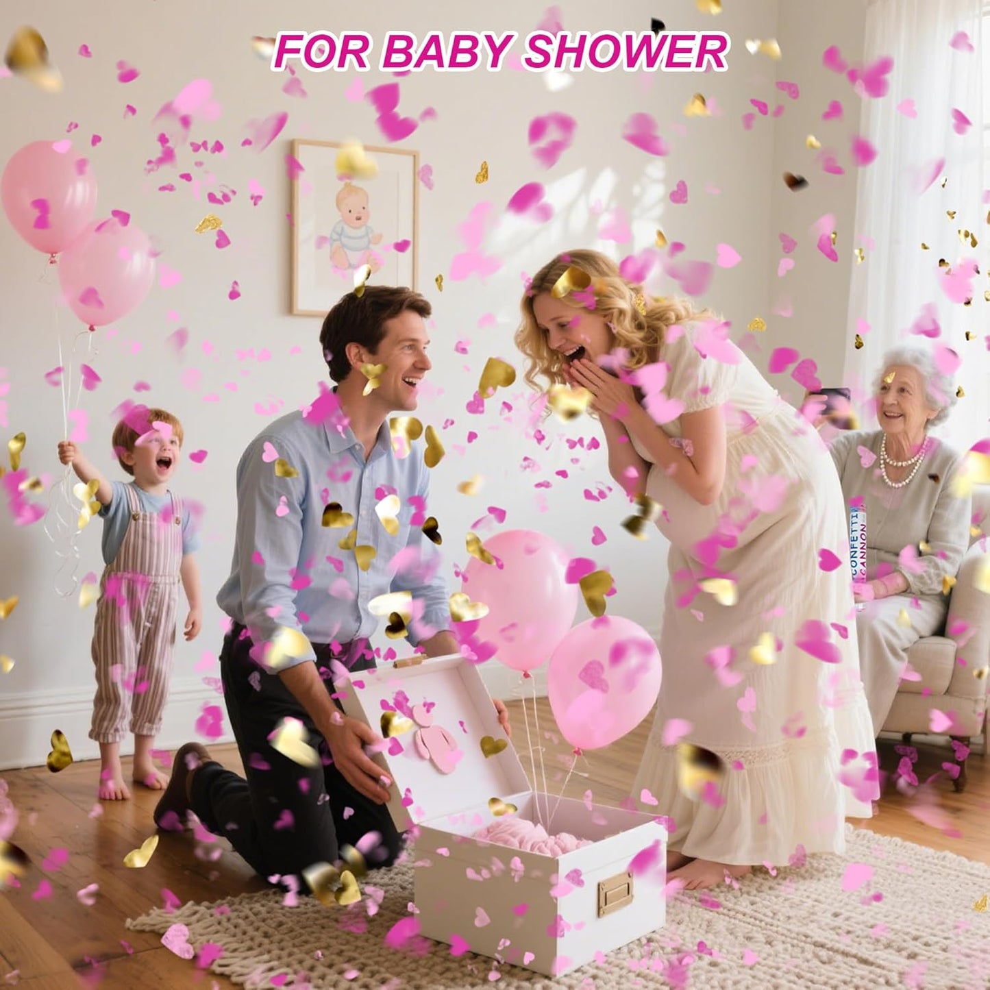 2 Pack Gender Reveal Confetti Cannon, 12 in Pink Square shaped Paper Party Poppers Cannons, Confetti Poppers For Baby Girl Gender Reveal Baby Showers (Square, Pink)