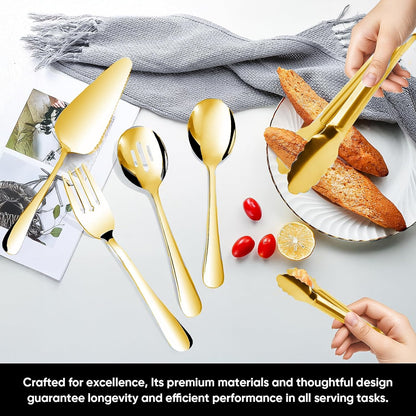 14PCS Serving Utensils - Hostess Serving Utensils Set, Premium Stainless Steel 8.7 inch Serving Utensils, Slotted Spoons, Fork, Tongs, Cake Pie Server for Buffet, Wedding, Dinner (Silver)