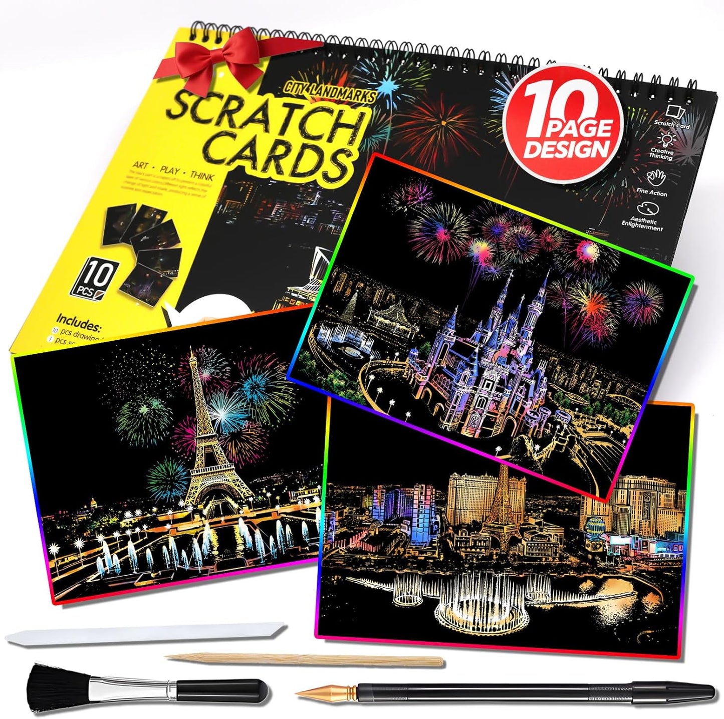 10 PCS Cityscape Scratch Art Book for Teen & Adults: DIY Colorful City Series Painting Paper | ASMR Stress-Relief Engraving Kit Scratchboard | DIY Sketch Card Creative Craft (Travel Landmarks B)