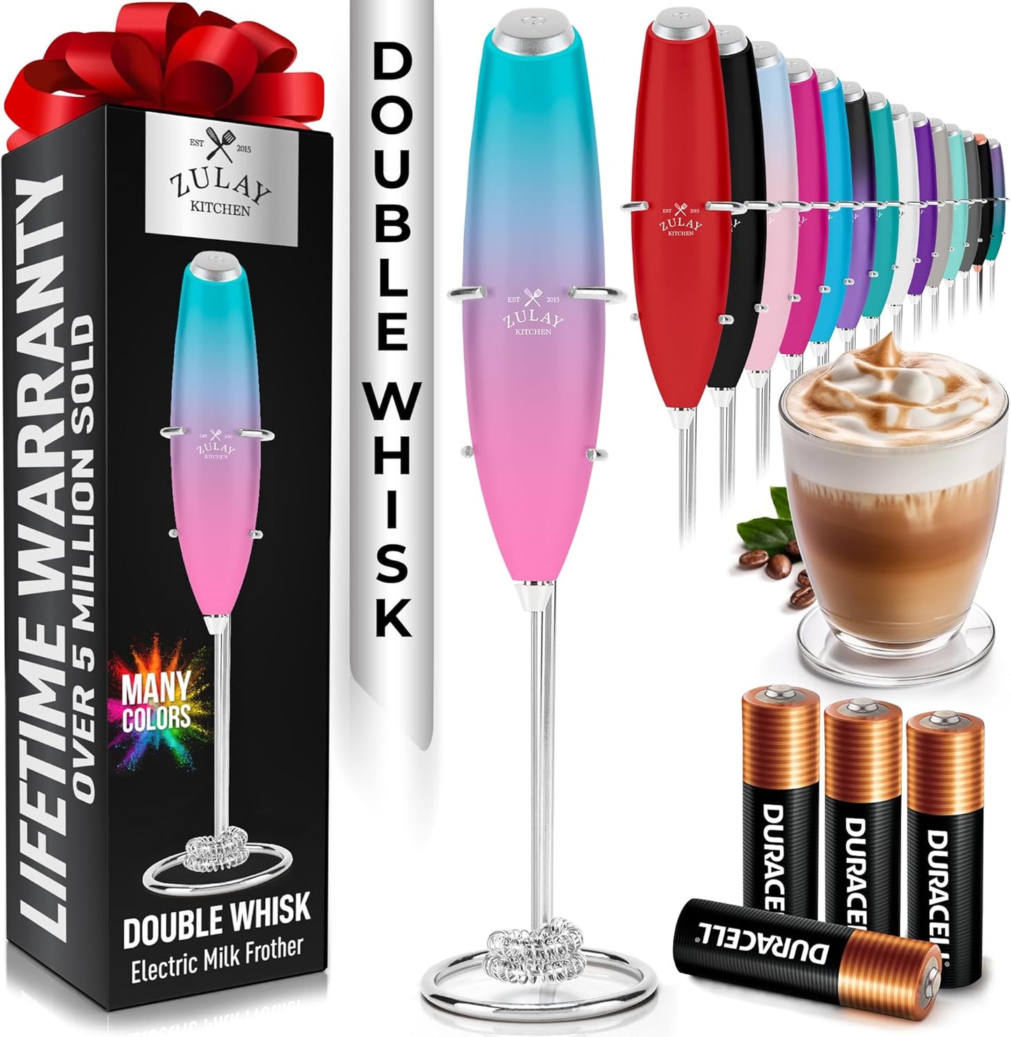 Zulay Kitchen Powerful Milk Frother Wand With Duracell Batteries - Ultra Fast Handheld Drink Mixer - Electric Whisk Foam Maker for Coffee, Lattes, Cappuccino & Matcha - Z1 Motor - Black - Colors B