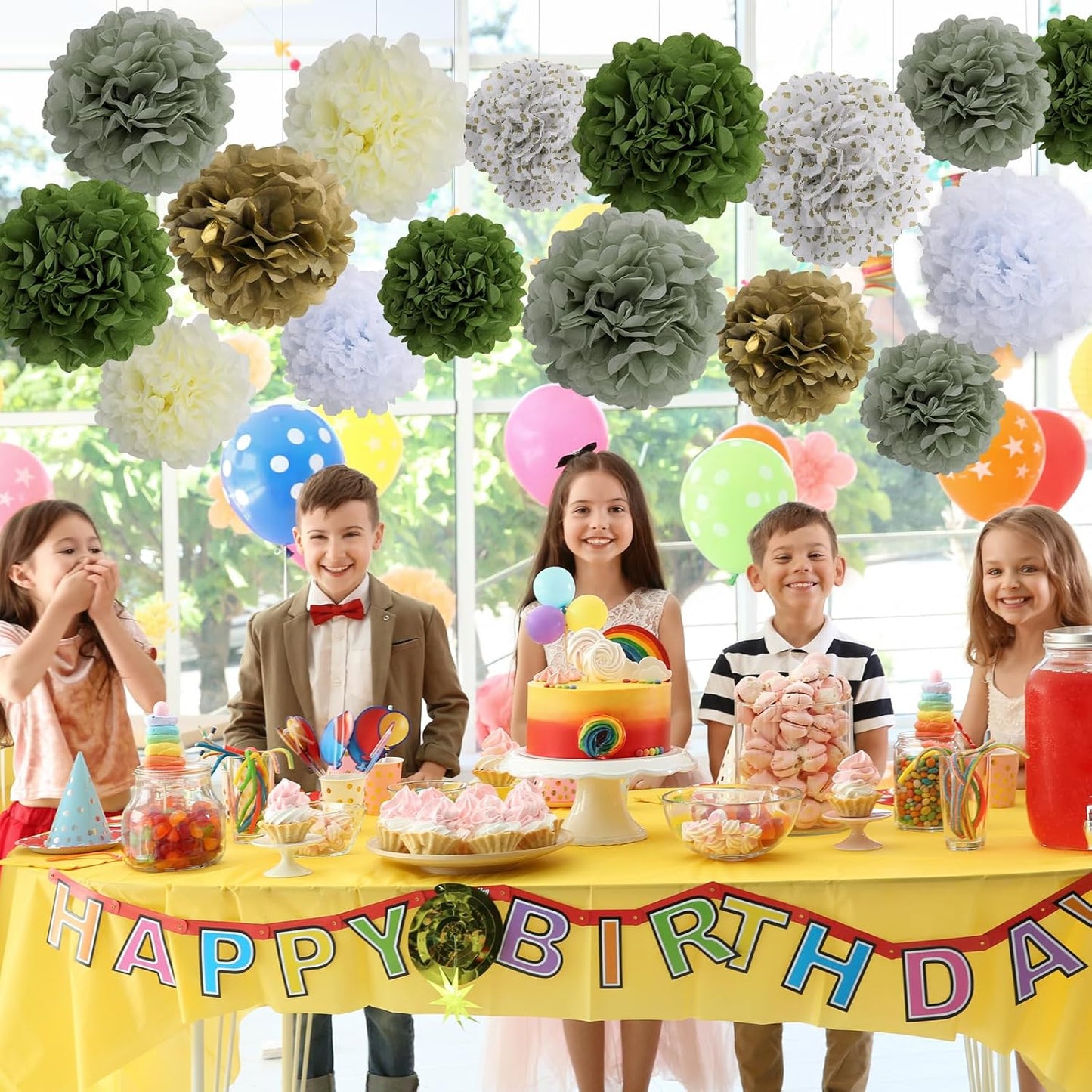 BestoFun 16 PCS Sage Green Party Decorations Tissue Paper Flowers Christmas Party Decors Hanging Pom Poms Decorations for Xmas New Year Winter Holiday Decorations