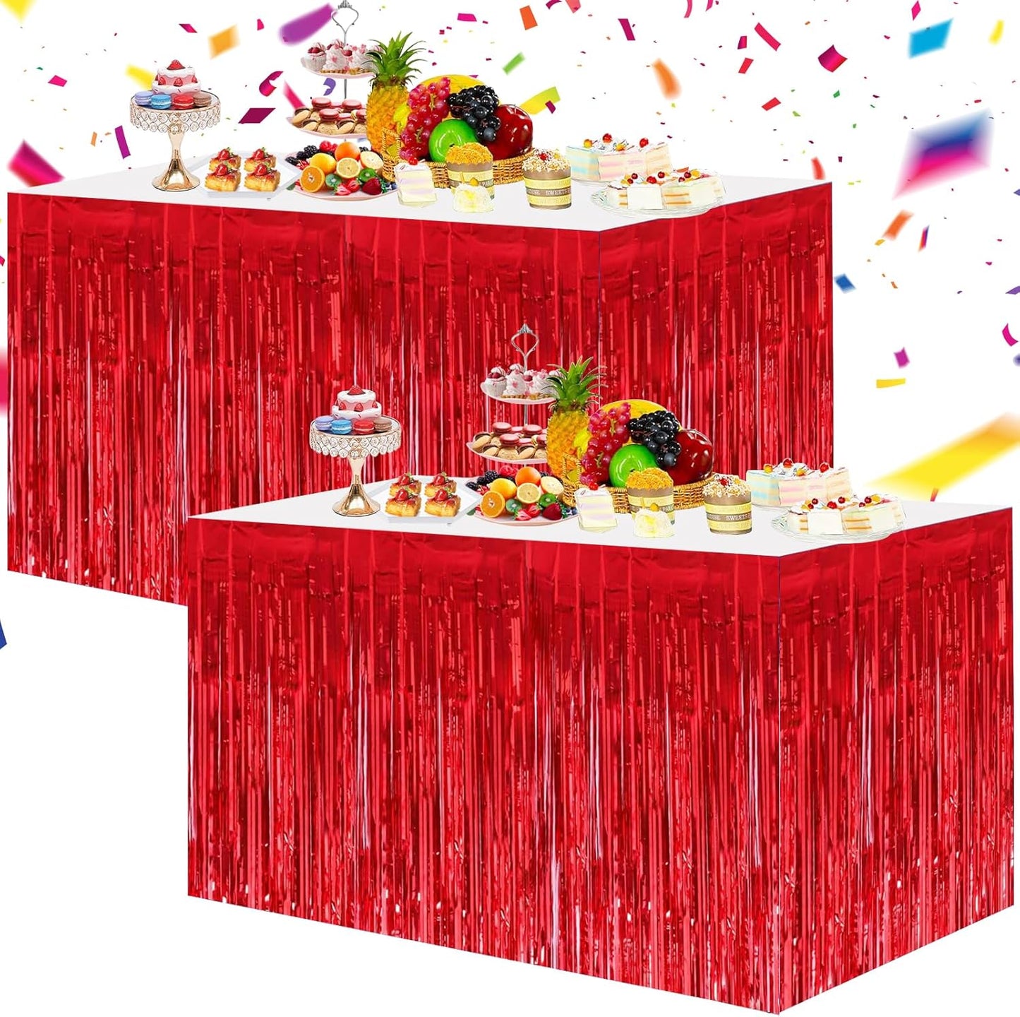 BEISHIDA 2 Pack Metallic Tinsel Foil Fringe Table Skirts for Rectangle & Round Tables Hot Pink Kids' Birthday, Holiday Cartoon Party Decorations for Birthday Valentines Baby Shower Festive Events