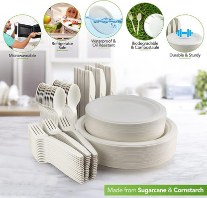 250 Piece Biodegradable Paper Plates Set (EXTRA LONG UTENSILS), Disposable Dinnerware Set, Eco Friendly Compostable Plates & Utensil include Plates, Forks, Knives and Spoons for Party