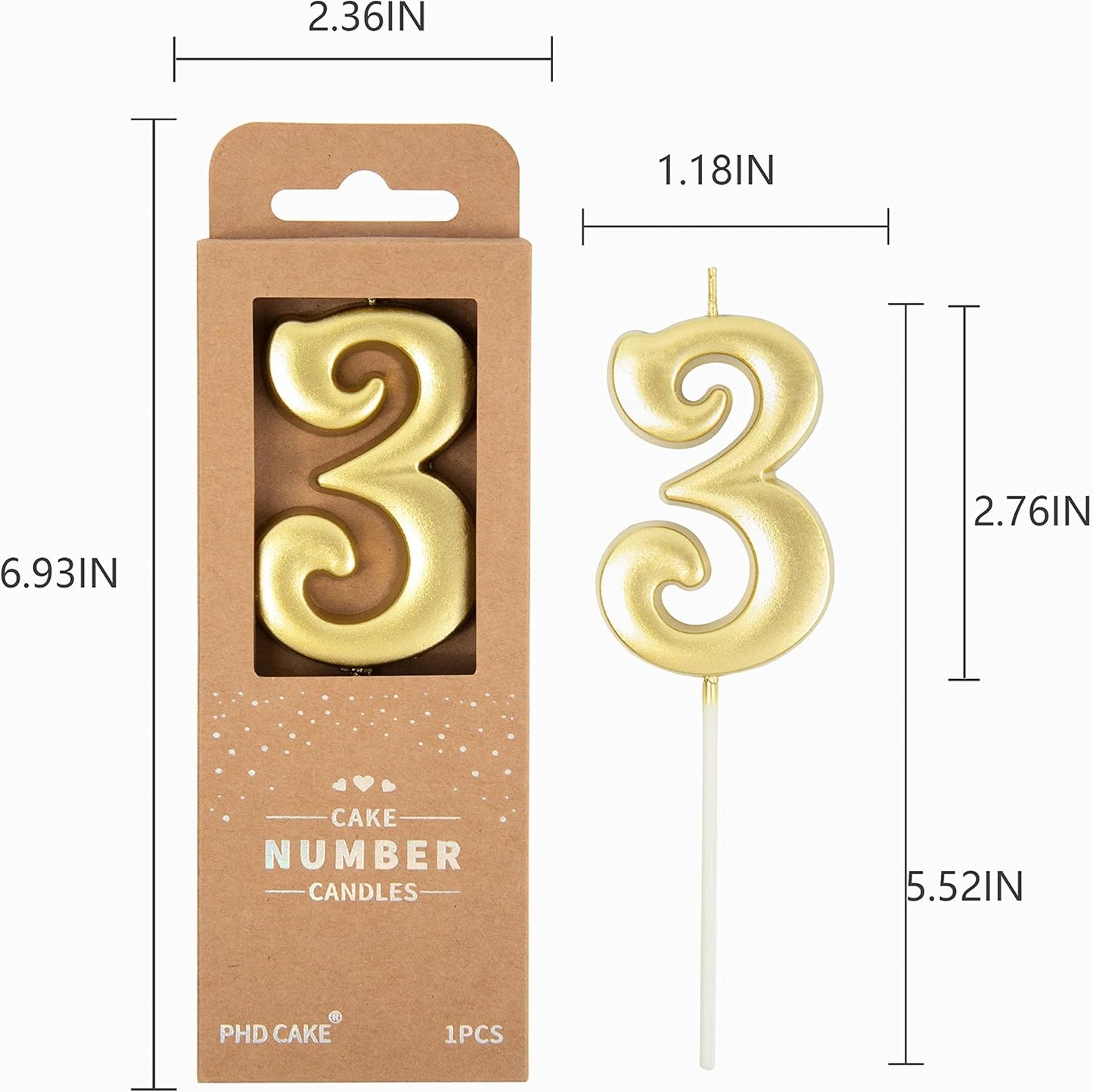 PHD CAKE 2.76 Inch Elegant Gold 1 Number Birthday Candles, Gold Number Candles, Cake Number Candles, Party Celebration