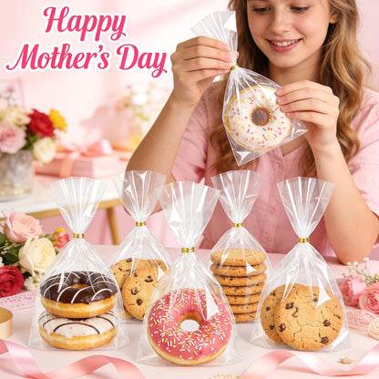 LOKQING Clear Cellophane Treat Bags 6 x 10 in, 100 Pack Mothers Day Gift Bags with Twist Ties, Bags for Cookies, Candy, Party Favors, Bakery Packaging and Small Gifts