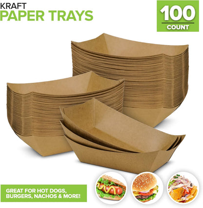 [250 Pack] Medium Disposable Brown Kraft Paper Food Trays, 1-Lb Concession Tray, Serving Boats for Party Snacks, Taco Bar, Seafood, Nachos Plates