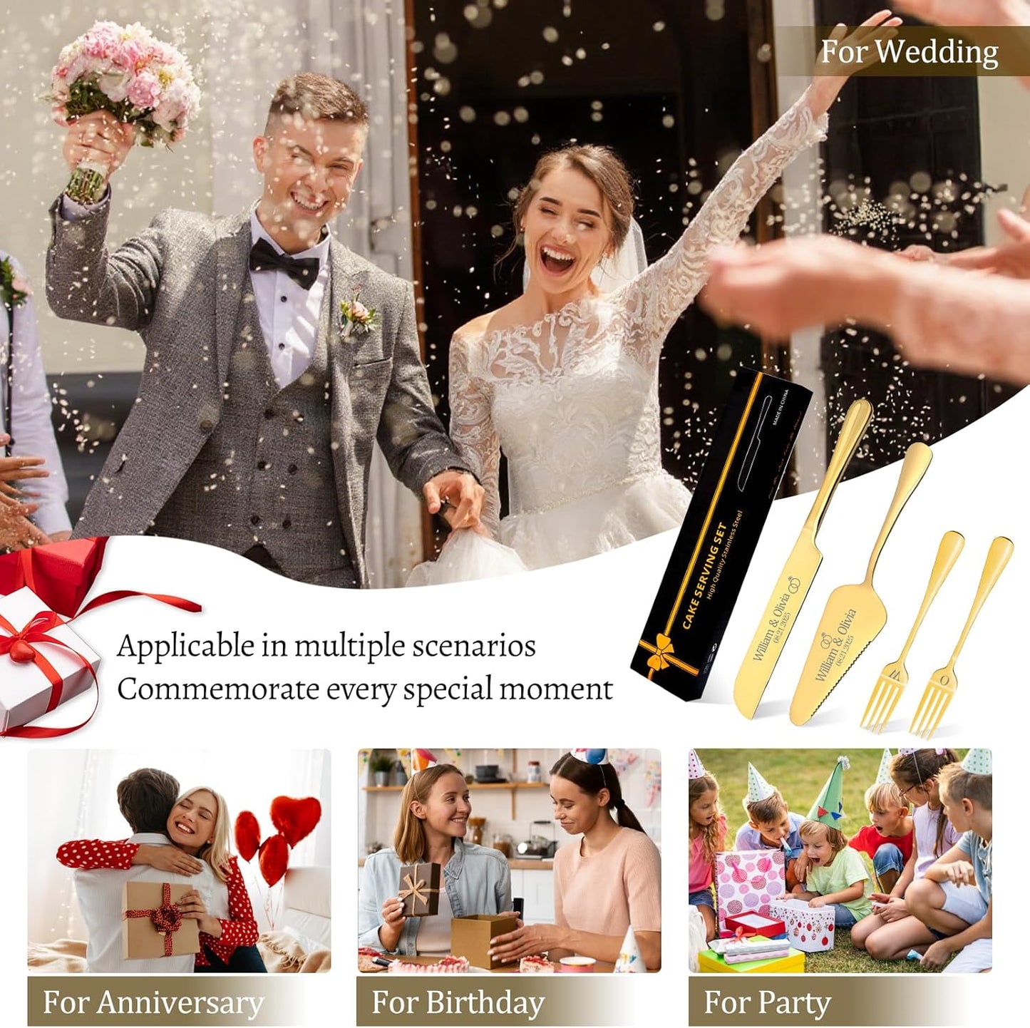 Personalized 4 Piece Cake Cutting Set for Wedding - Custom Cake Knife and Server Set with Forks, Cake Cutter Set Ideal for Wedding Anniversary Bridal Gifts (Silver)