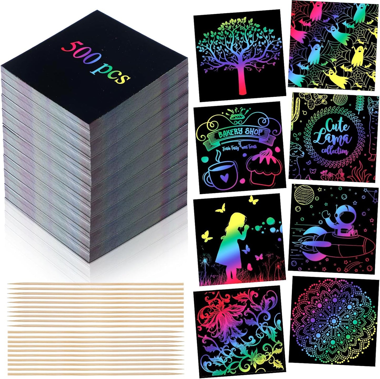 Lenwen Scratch Cards Rainbow Note Scratch Pads with 20 Bamboo Stylus for Adult Paper DIY Paper Craft Kits Birthday Party Favors Supplies(Rainbow Mix,500)
