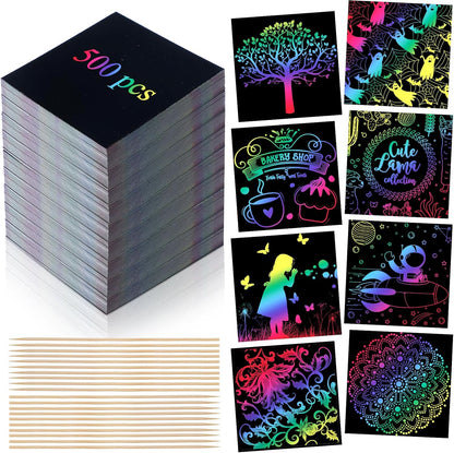 Lenwen Scratch Cards Rainbow Note Scratch Pads with 20 Bamboo Stylus for Adult Paper DIY Paper Craft Kits Birthday Party Favors Supplies(Rainbow Mix,500)