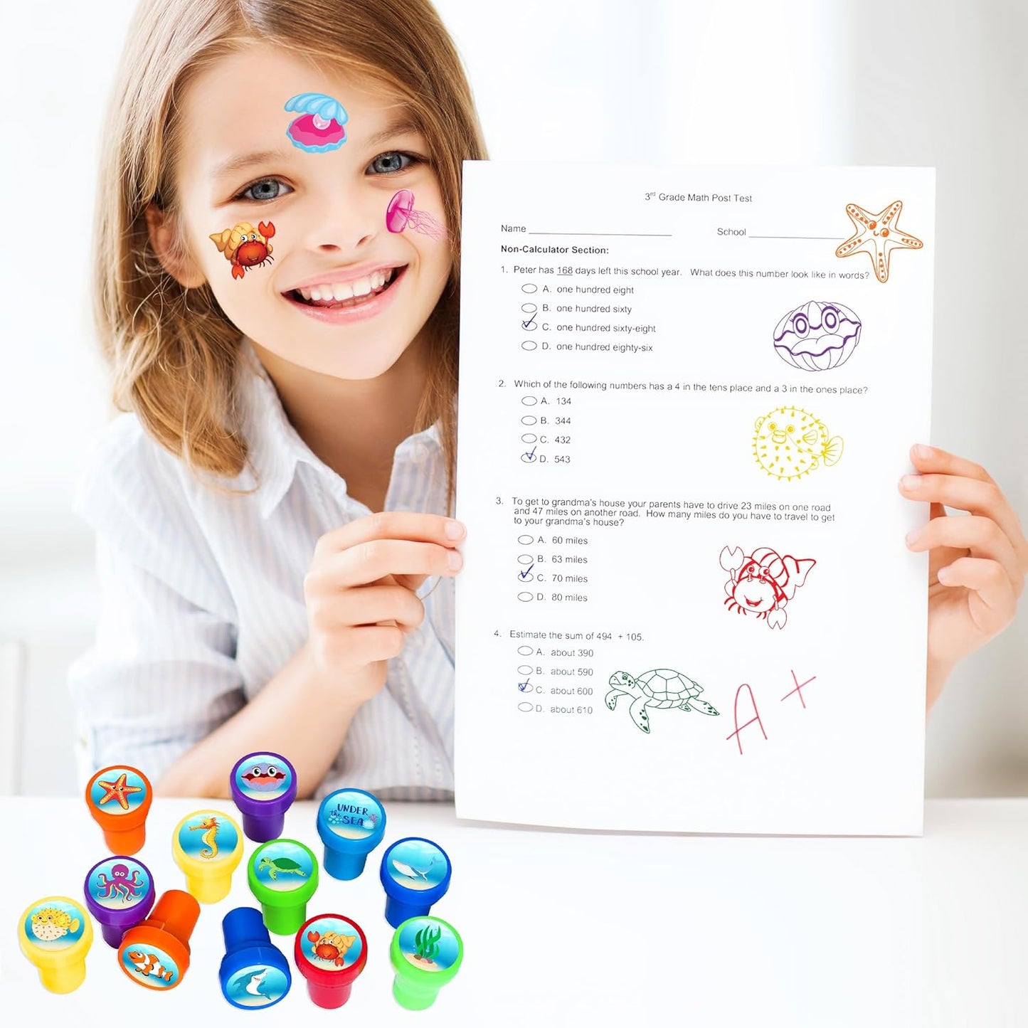 36PCS Ocean Party Favors - 24PCS Pre-Cut Temporary Tattoos & 12PCS Stamps - Ideal Sea Creature Under the Sea Themed Birthday Card Decoration Supplies Goodie Bag Kids Gifts Classroom Rewards Prizes