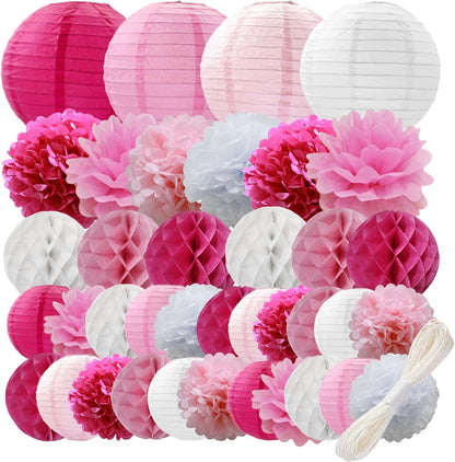 WOLHOWLTD Mermaid Theme Paper Decoration Set - 33 Pcs Paper Lanterns, Pompoms, Honeycomb Decorations for Mermaid Theme, Baby Shower,Wedding Rainbow Birthday Party Home Decoration(Pink Blue Purple)