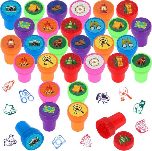 24 PCS Camp Party Favors Camping Adventure Mini Stamps Colorful Self Inking Stamps Camping Themed Party Favors for Boys Girls Student School Classroom Rewards Carnival Prizes Supplies