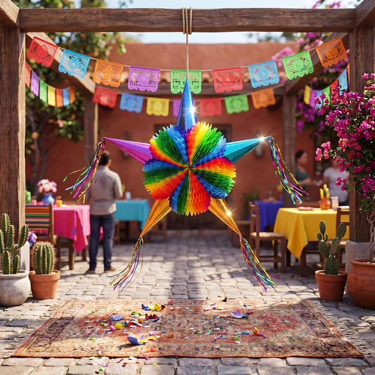 32 Inch Large Star Piñata Set with Stick Blindfold Confetti Foldable Mexican Fiesta Piñata Rainbow Honeycomb Decorations for Cinco De Mayo Birthday Party Carnival Taco Tuesday