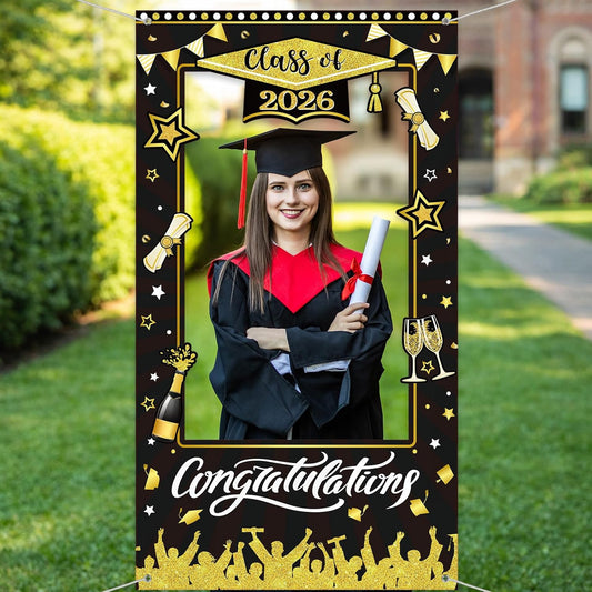 WovWeave Class of 2026 Graduation Photo Booth Props Frame 71x39 Inch - Black and Gold Graduation Decorations Backdrop Large Congratulations Banner for High School College Party Selfie Background