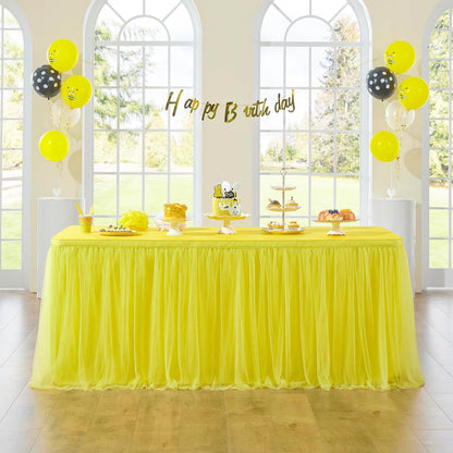 72inch Champagne Gold Tulle Table Skirts for Rectangle Round Tables, Gold Grim Ruffle Tulle Tutu Cloth Table Skirt 6ft for Wedding Birthday Party Cake Dessert Decor(No Top Cover)