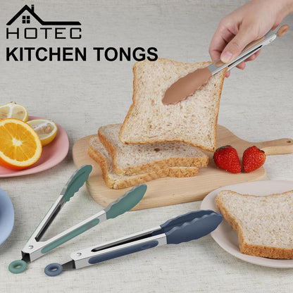 Hotec Mini Silicone Kitchen Tongs for Cooking - 7-Inch Small Serving Tongs with Silicone Tips, Set of 3 (Blue)