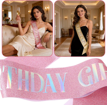 cobee 2Pcs Birthday Girl Sash, Glitter Birthday Sash, Soft Satin Birthdays Sashs for Girls Happy Birth Days Sashs for Women, Happy Birth Days Decorations for Party Favors Supplies