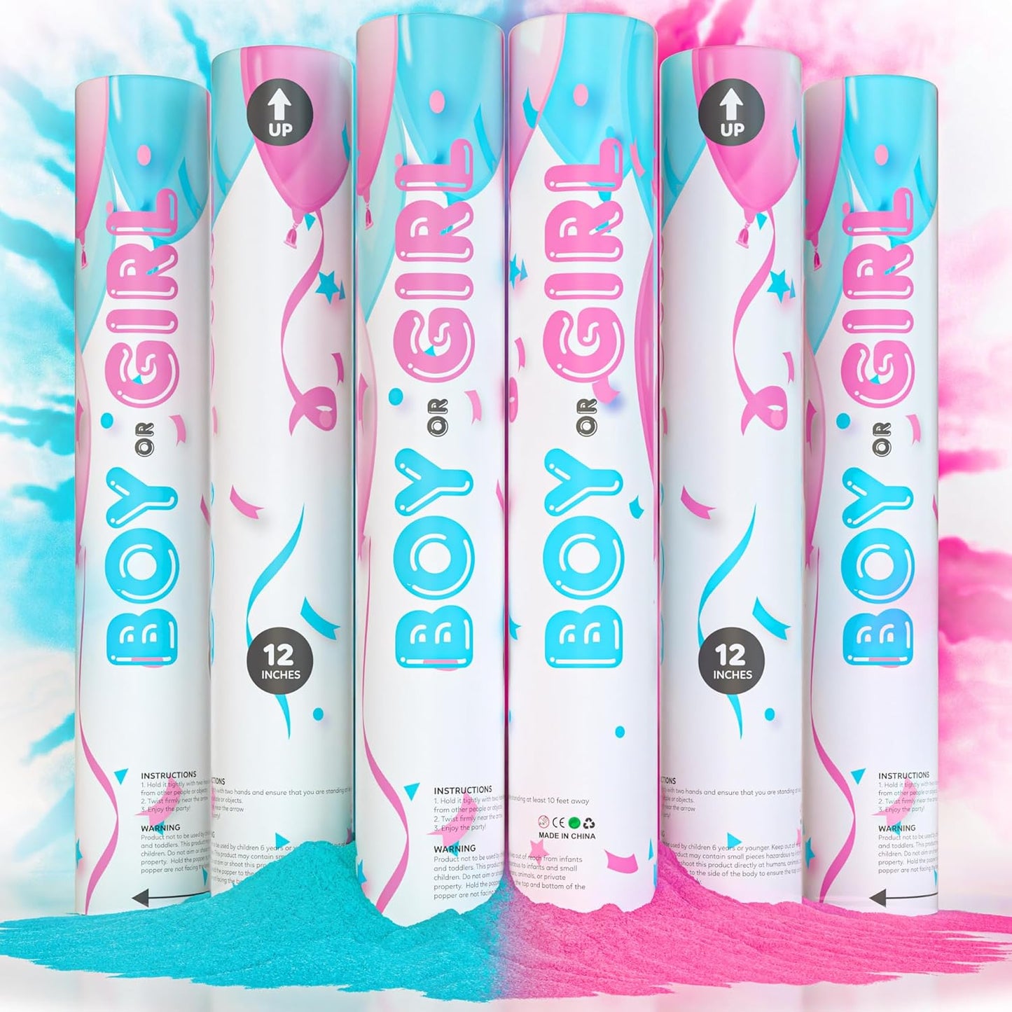 Gender Reveal Powder Smoke Bombs Cannon Poppers | 3 Pink & 3 Blue Poppers | Biodegradable | Alternative to Gender Reveal Smoke Bombs Extinguisher | Gender Reveal Party Decorations | TUR Party Supplies