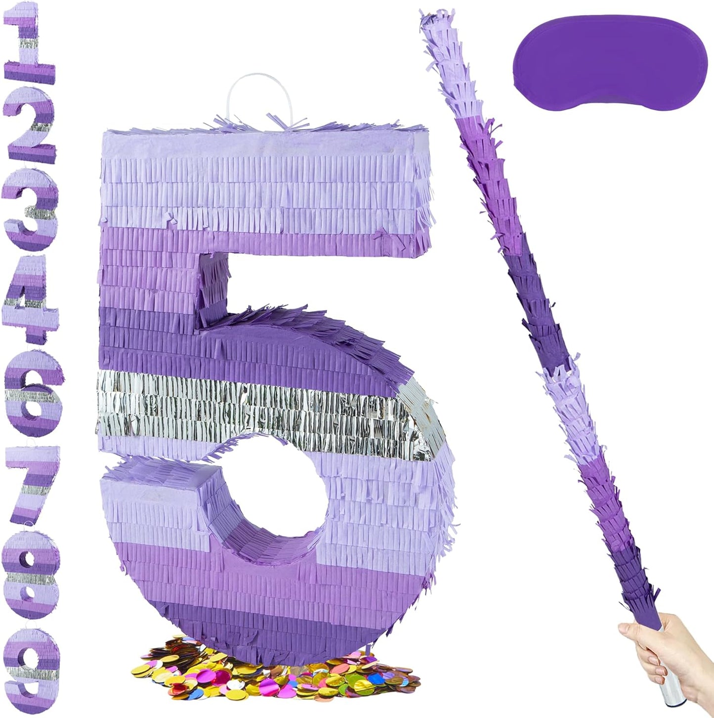 PCFING 20 Inch Number 1 Piñata Purple Silver with 30 Inch Piñata Stick Blindfold Confetti for Boy Girl Kids Birthday Party Decorations, Anniversary Celebration, Fiesta