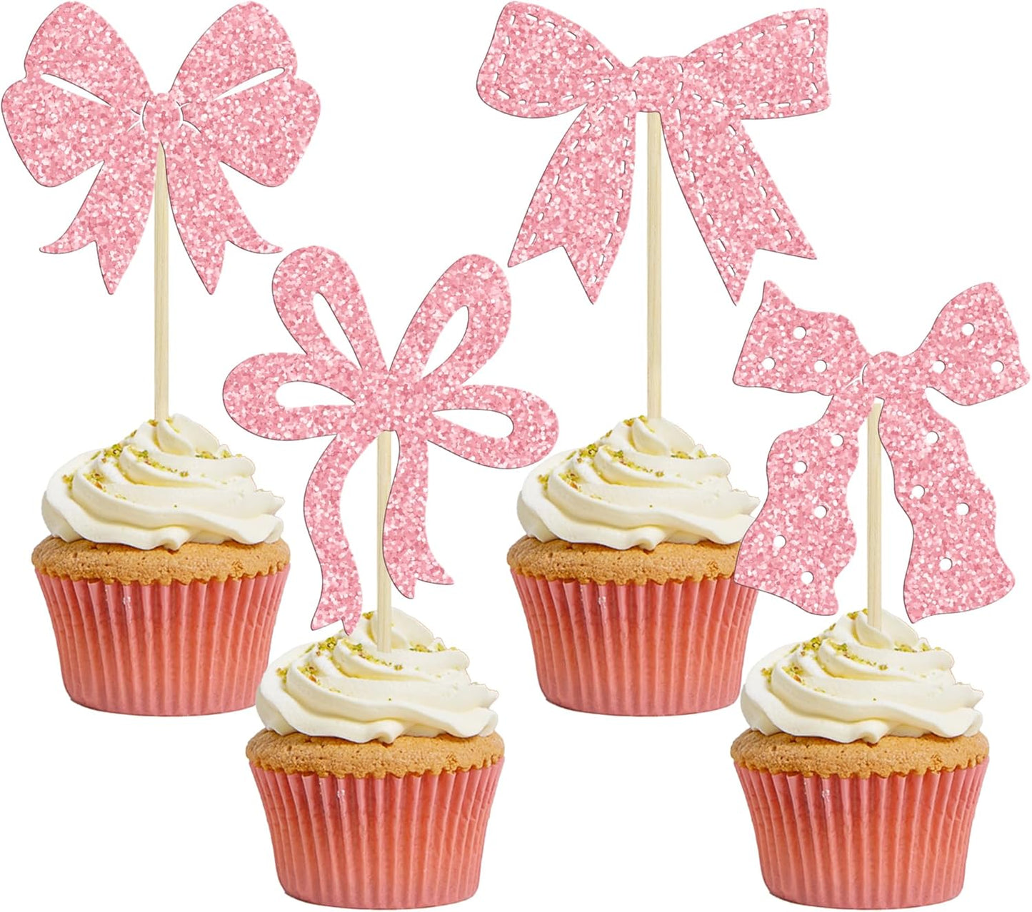 Ephlyn 24Pcs Pink Bow Cupcake Toppers Bow Birthday Cake Topper Girls Birthday Party Decorations Bowknot Cupcake Decorations for Bridal Wedding Themed Party Multi