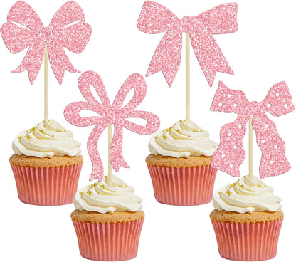 Ephlyn 24Pcs Pink Bow Cupcake Toppers Bow Birthday Cake Topper Girls Birthday Party Decorations Bowknot Cupcake Decorations for Bridal Wedding Themed Party Multi