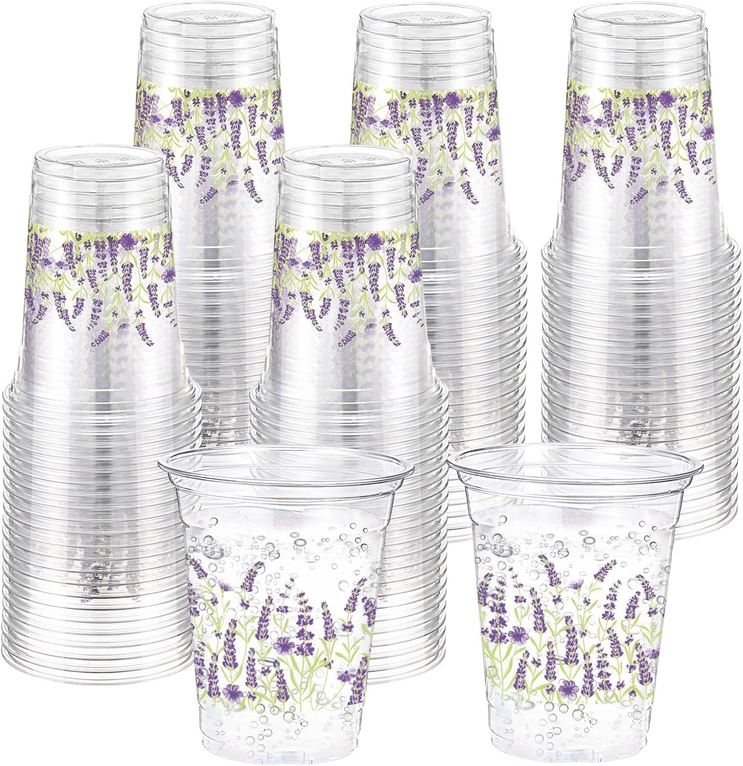 Hushee 60 Pcs Purple Floral Cups with Spring Summer Flower 16 oz Wildflowers Plastic Disposable Drinking Cups for Summer Spring Birthday Baby Shower Wedding Party Supplies