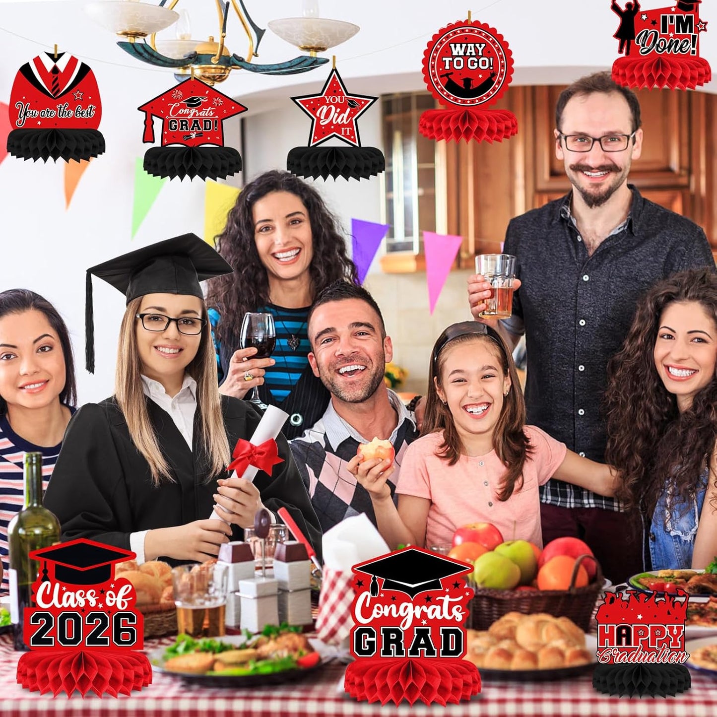 8 Pieces Class of 2026 Graduation Table Decorations - 2026 Congrats Grad Honeycomb Centerpieces, Red Black Graduation Table Toppers Decor for 2026 Graduation Party Decorations Favor Supplies