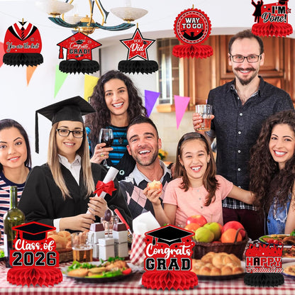 8 Pieces Class of 2026 Graduation Table Decorations - 2026 Congrats Grad Honeycomb Centerpieces, Red Black Graduation Table Toppers Decor for 2026 Graduation Party Decorations Favor Supplies