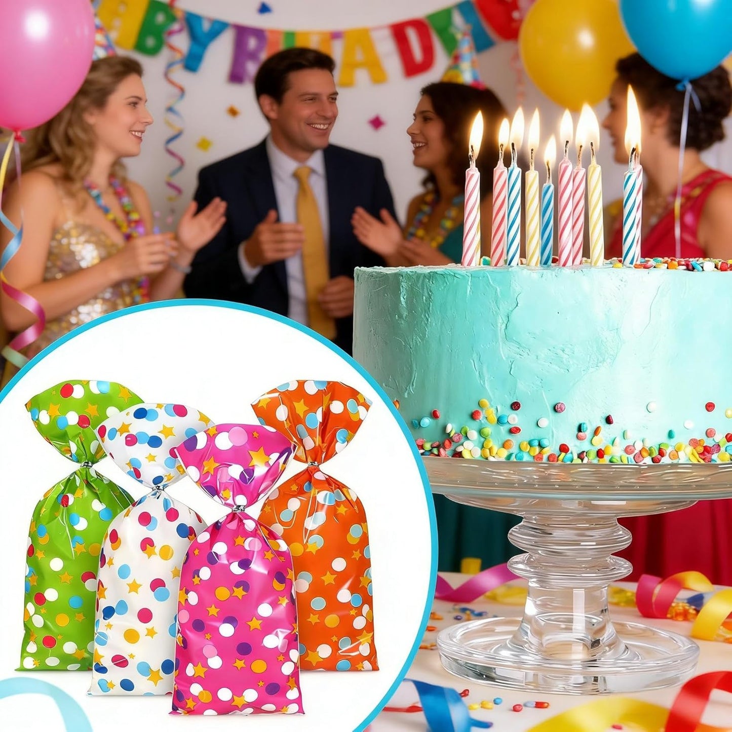 Pajean 100 Pcs Cellophane Treat Bags for Party Favors Polka Dots Goodie Star Treat Candy Bags with 100 Twist Ties Rainbow Stars Theme for Birthday Mother's Day Birthday Weddings Supplies
