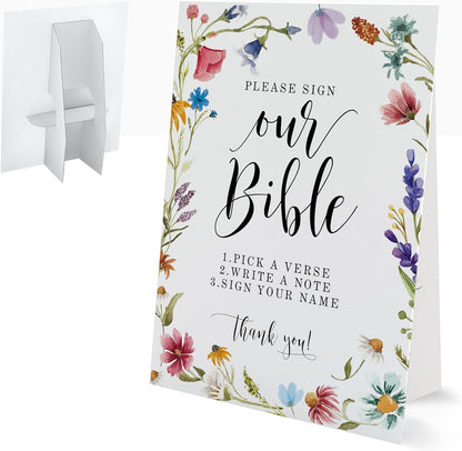 Bible Guest Book Sign, Wedding Signs for Ceremony and Reception, Floral Bridal Shower Decoration, Wedding Signage with Bracket, Bridal Shower Decor, Supplies For Engagement and Anniversary Parties, 13